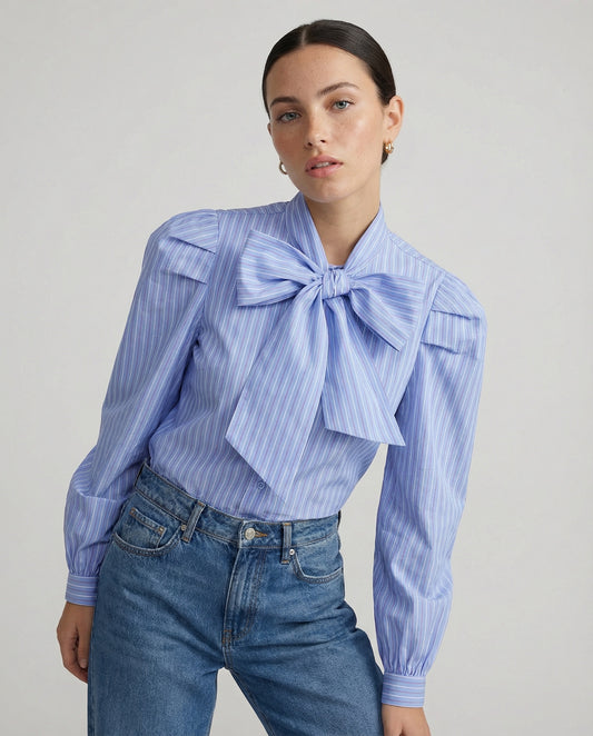 The Long Sleeve French Bow Shirt - Blue/White/Red Micro
