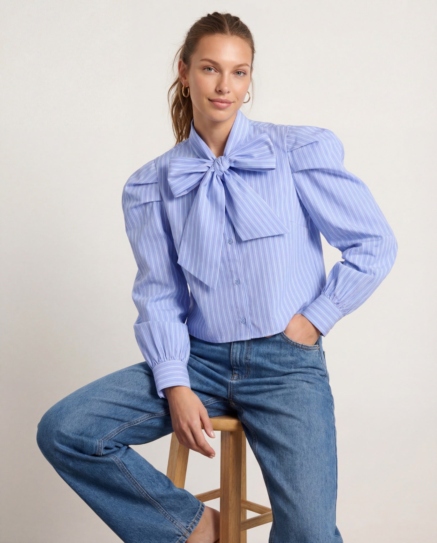 The Long Sleeve French Bow Shirt - Blue/White/Red Micro