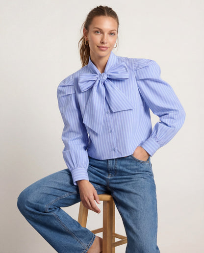The Long Sleeve French Bow Shirt - Blue/White/Red Micro