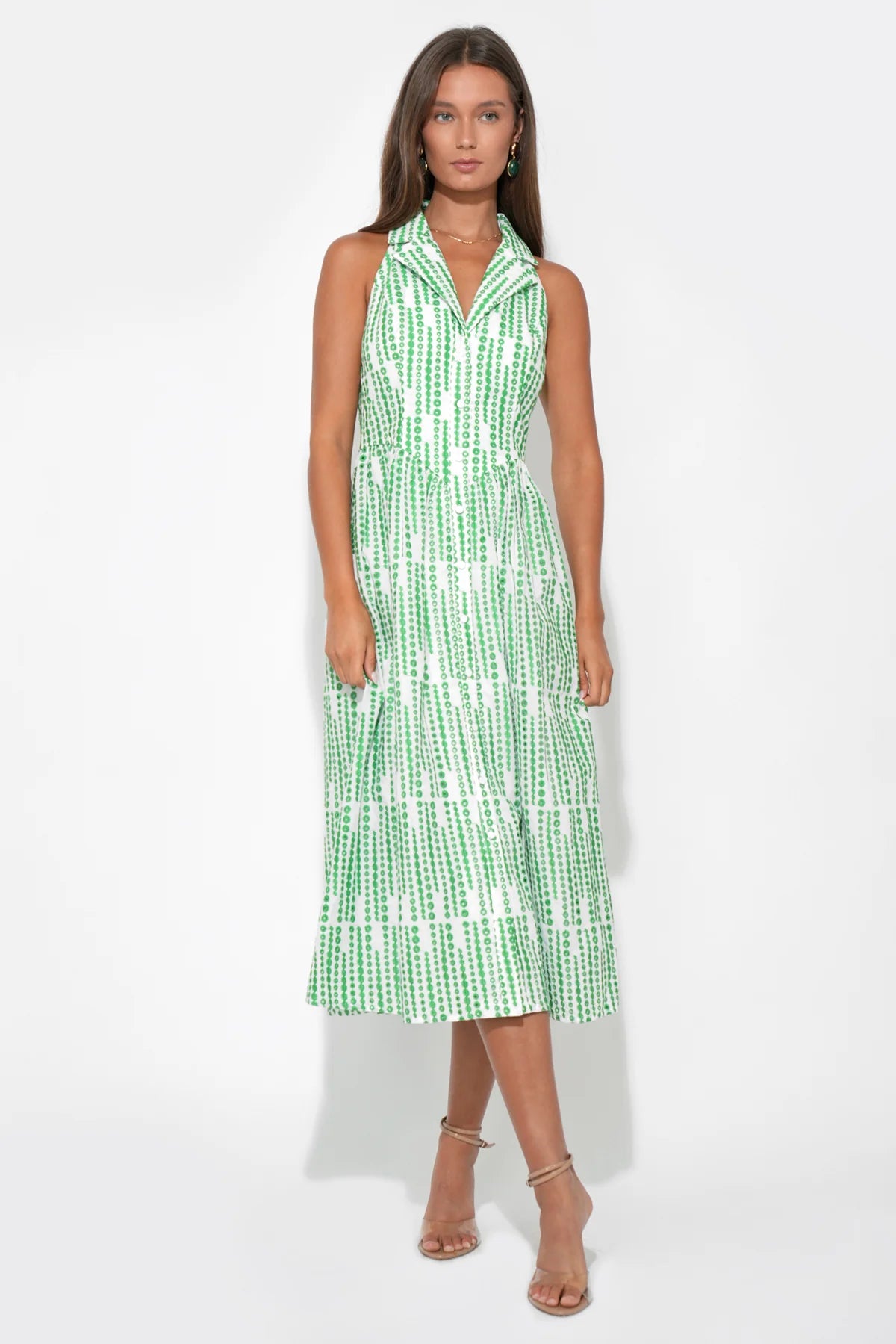 Ruby Halter Embroidery Midi Dress - White/Green