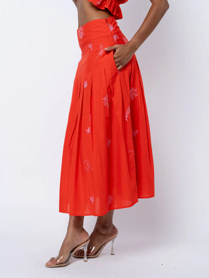 Rezza Embroidered Pleated Midi Skirt - Red/Pink