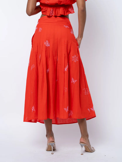 Rezza Embroidered Pleated Midi Skirt - Red/Pink