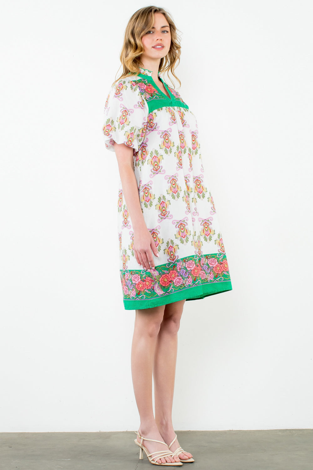 Puff Sleeve Print Midi Dress - White