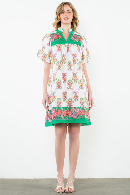 Puff Sleeve Print Midi Dress - White