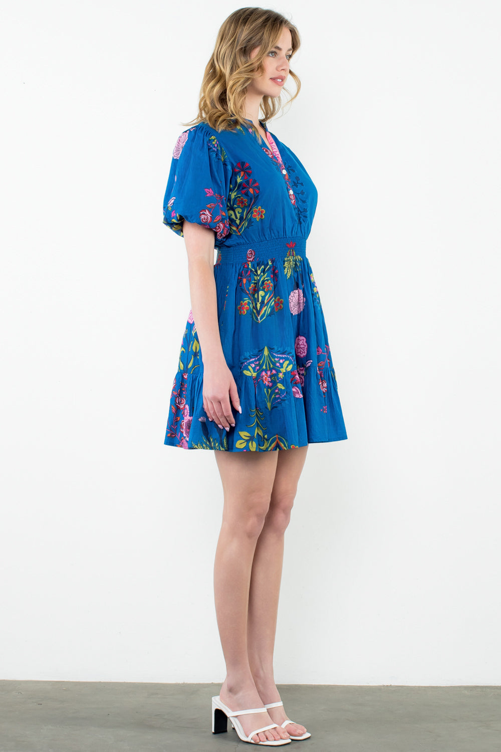 THML - Puff Sleeve Floral Dress- Blue