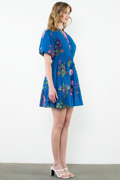 THML - Puff Sleeve Floral Dress- Blue