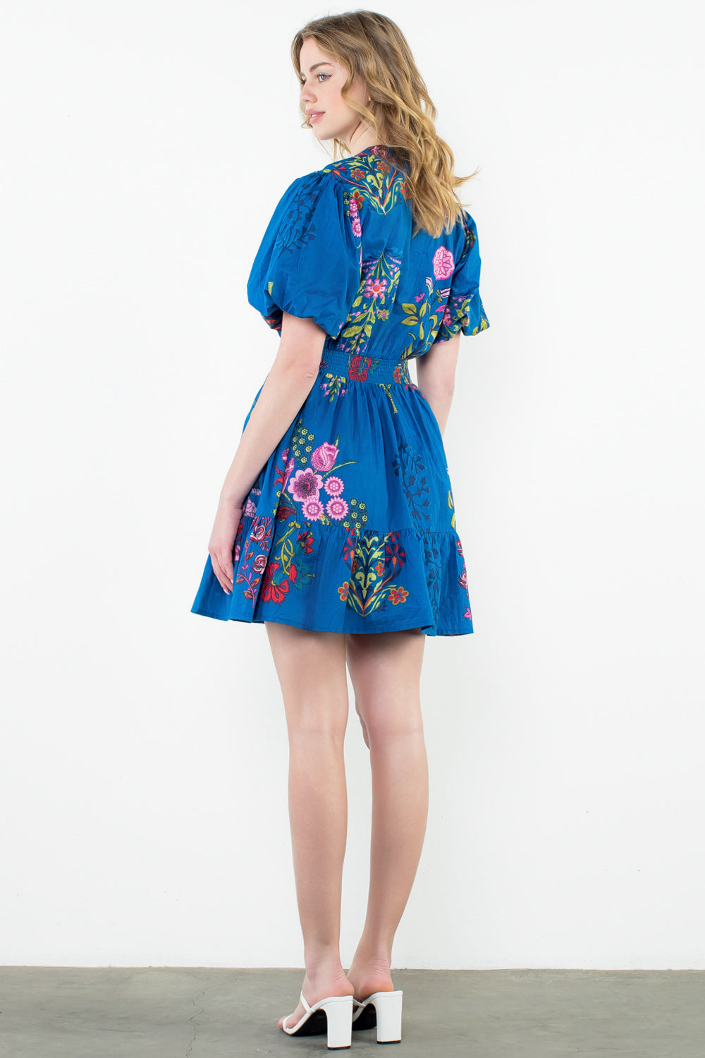 THML - Puff Sleeve Floral Dress- Blue