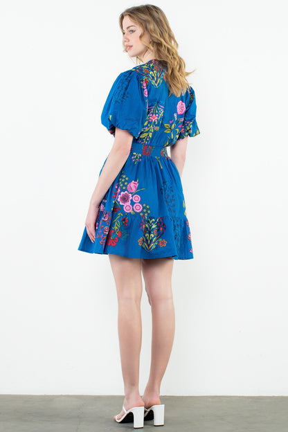 THML - Puff Sleeve Floral Dress- Blue