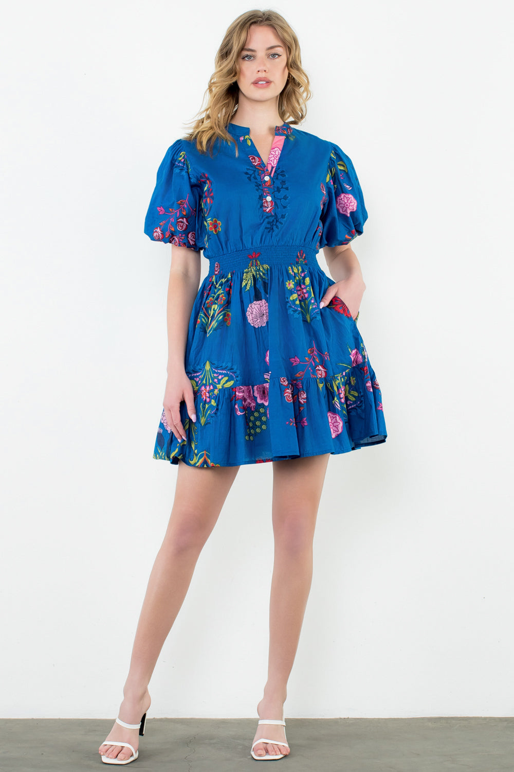 THML - Puff Sleeve Floral Dress- Blue