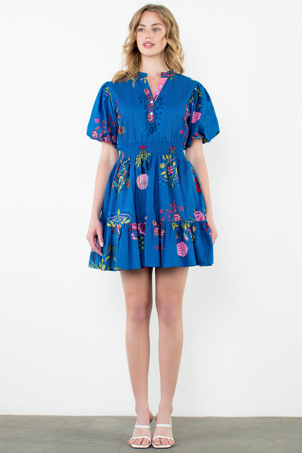 THML - Puff Sleeve Floral Dress- Blue