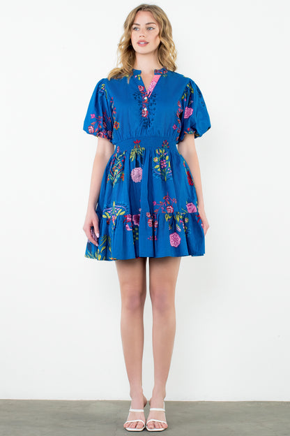 THML - Puff Sleeve Floral Dress- Blue