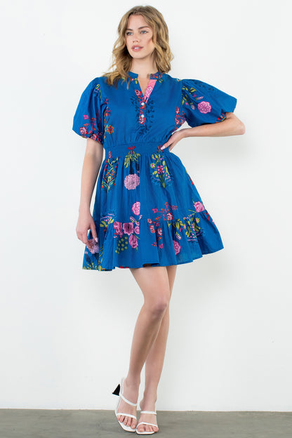 THML - Puff Sleeve Floral Dress- Blue