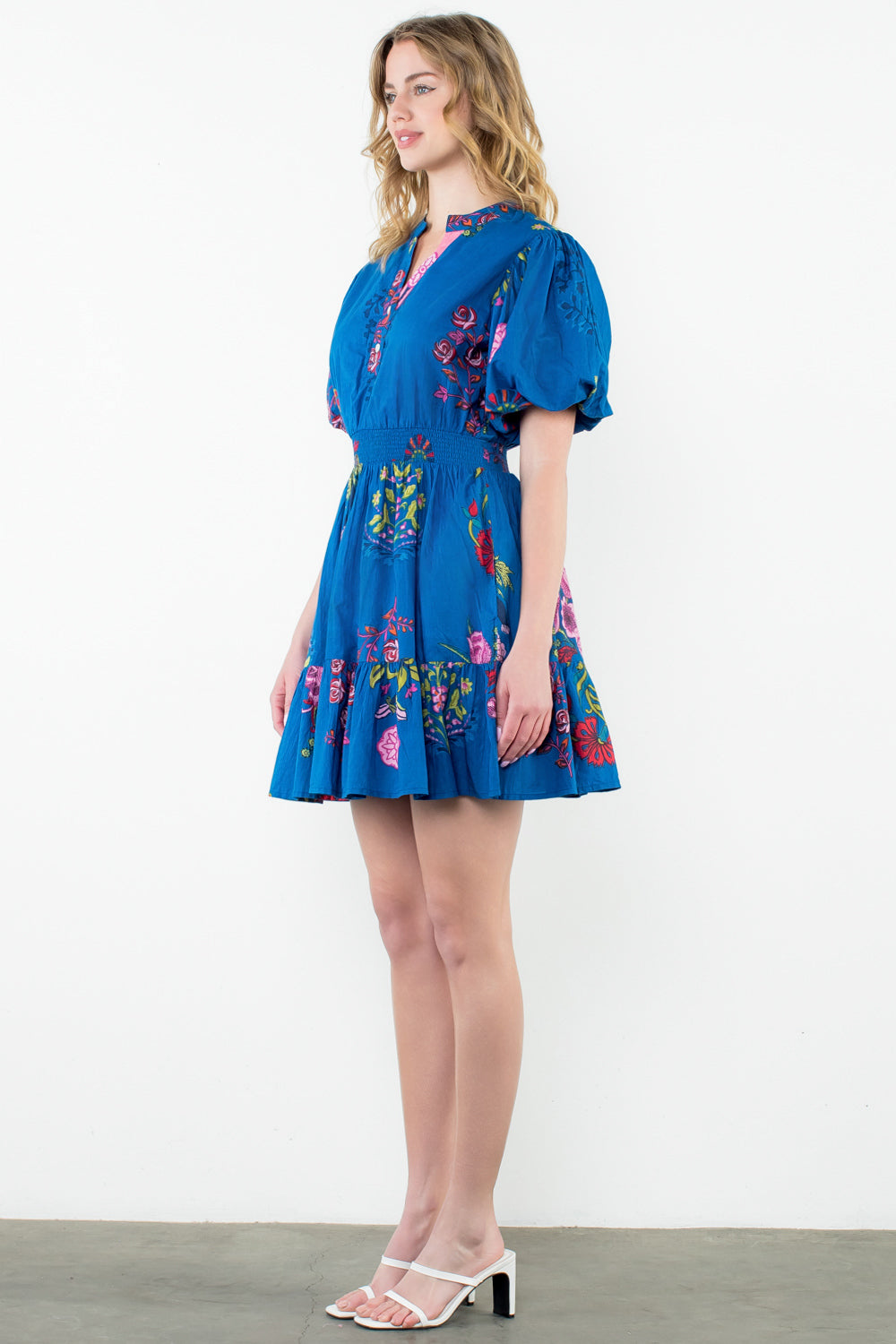 THML - Puff Sleeve Floral Dress- Blue