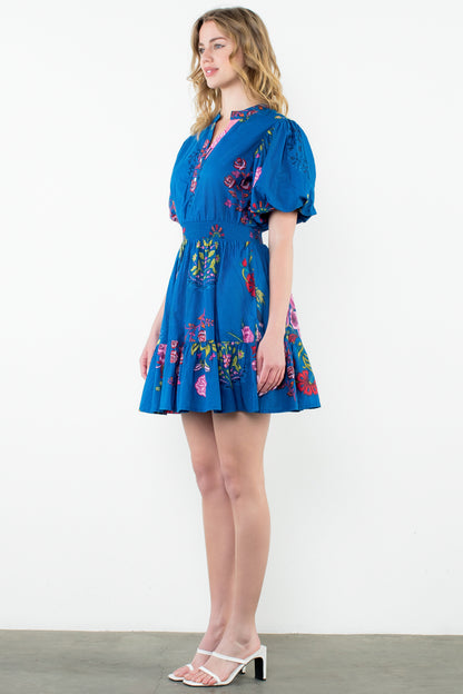 THML - Puff Sleeve Floral Dress- Blue