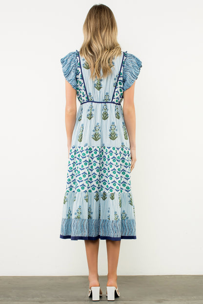 Flutter Sleeve Floral Maxi Dress - Blue