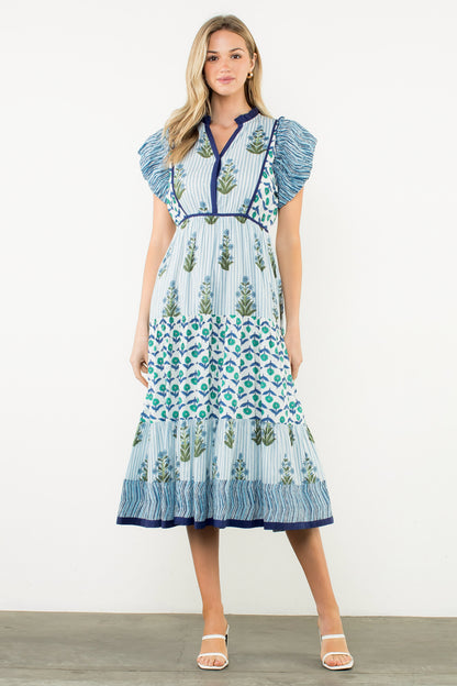 Flutter Sleeve Floral Maxi Dress - Blue