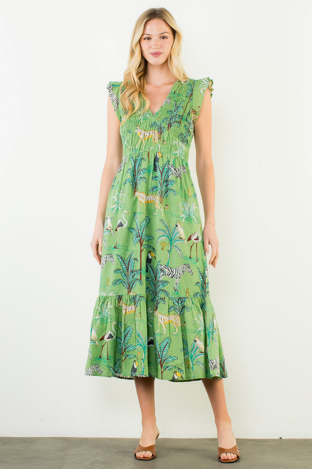 Flutter Sleeve Animal Print Tiered Maxi Dress - Green