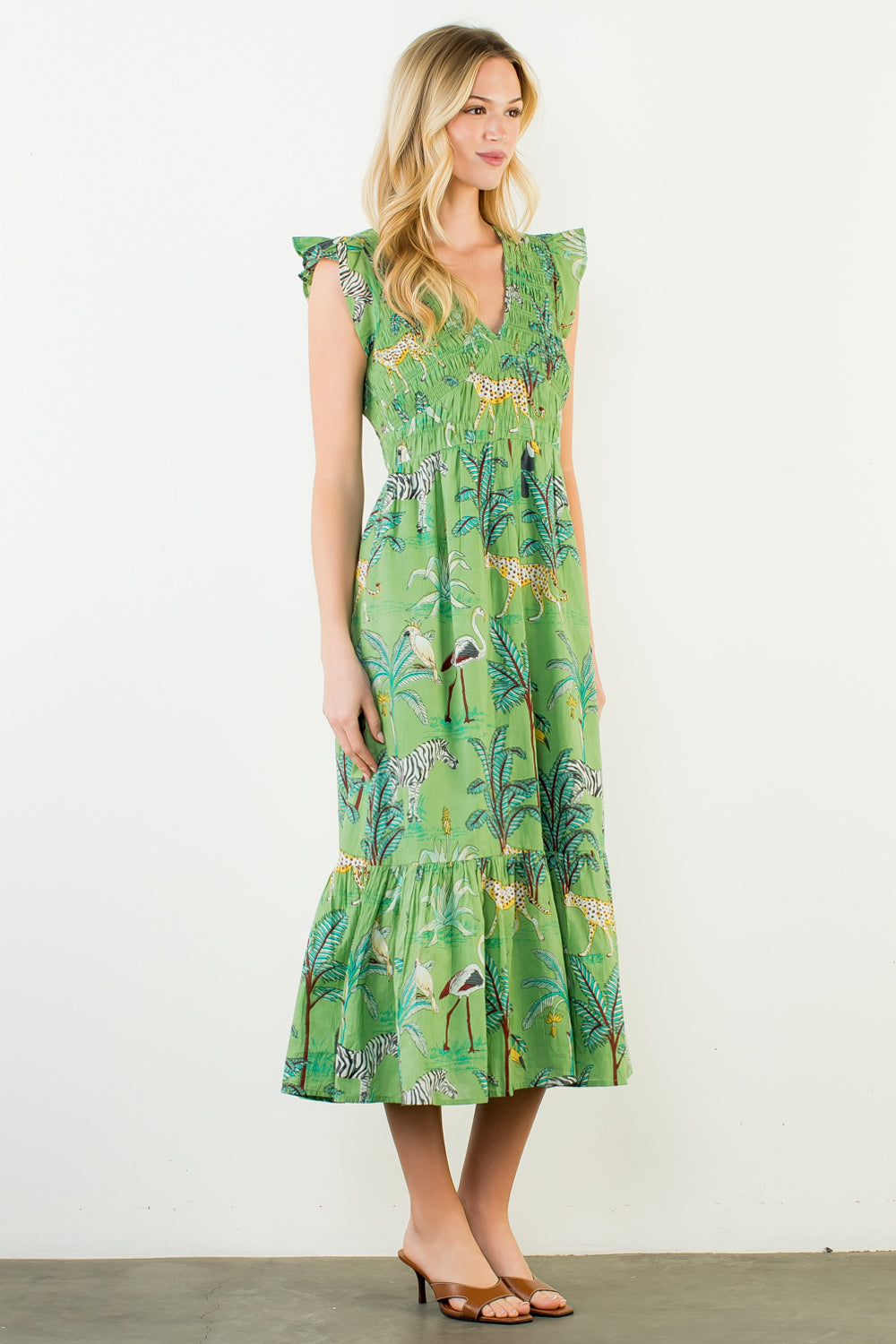 Flutter Sleeve Animal Print Tiered Maxi Dress - Green