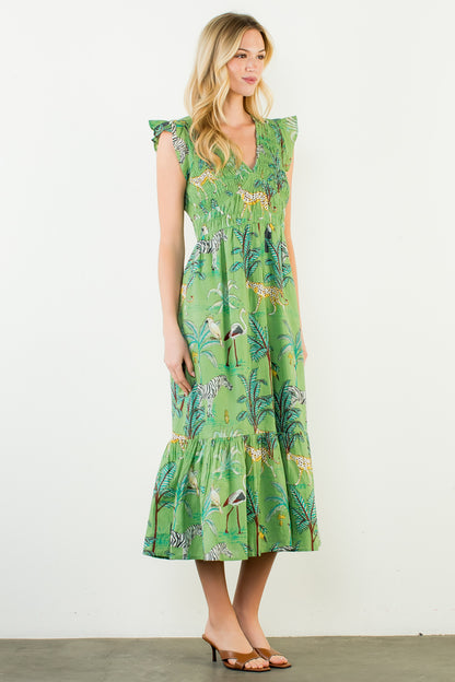 Flutter Sleeve Animal Print Tiered Maxi Dress - Green