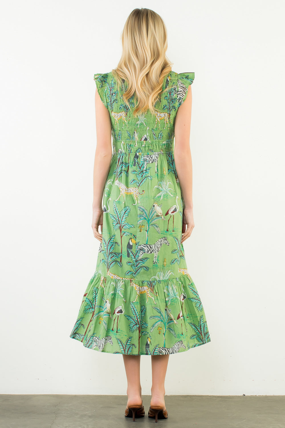 Flutter Sleeve Animal Print Tiered Maxi Dress - Green