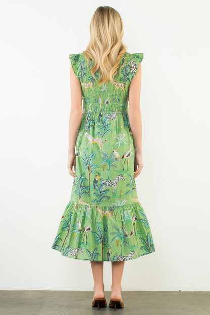 Flutter Sleeve Animal Print Tiered Maxi Dress - Green