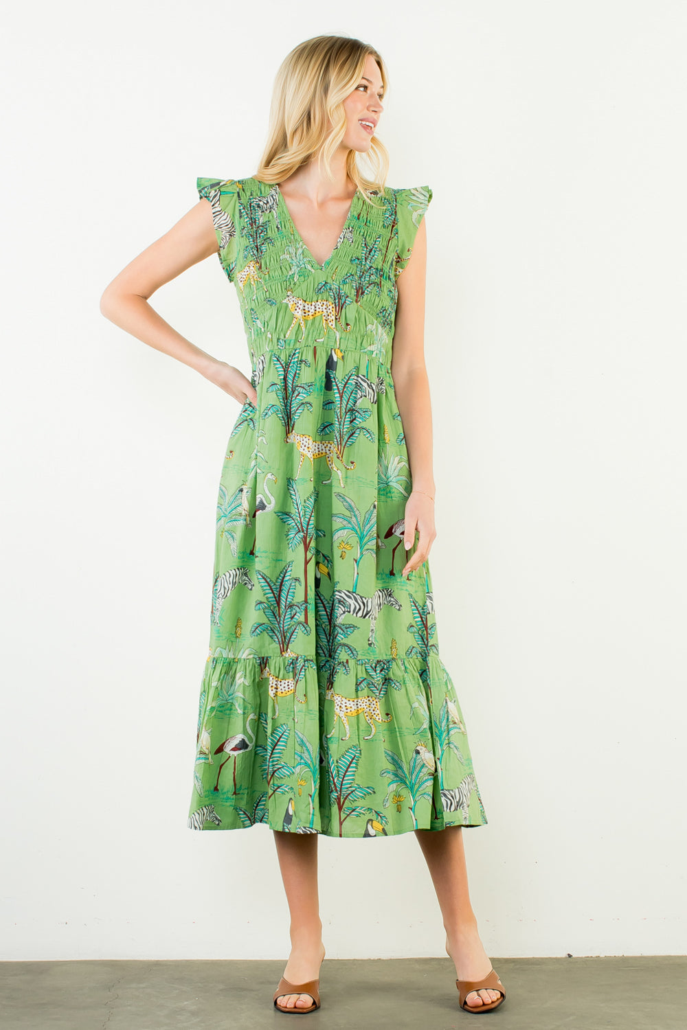 Flutter Sleeve Animal Print Tiered Maxi Dress - Green