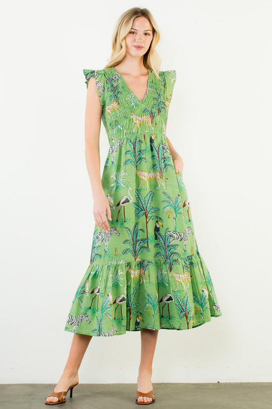 Flutter Sleeve Animal Print Tiered Maxi Dress - Green