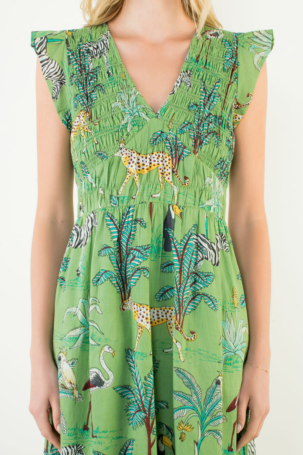 Flutter Sleeve Animal Print Tiered Maxi Dress - Green