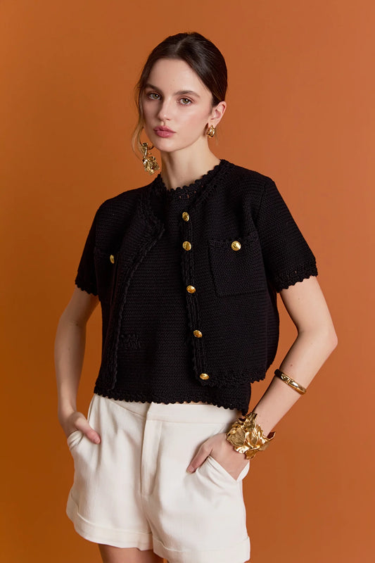 Vivienne Short Sleeve Textured Cardigan - Black