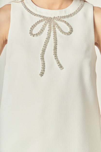 Rhinestone Bow Embellished Mini Dress - Off-White