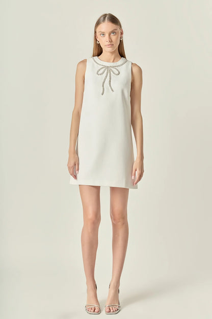 Rhinestone Bow Embellished Mini Dress - Off-White