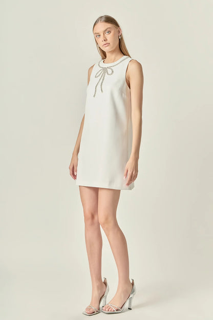 Rhinestone Bow Embellished Mini Dress - Off-White