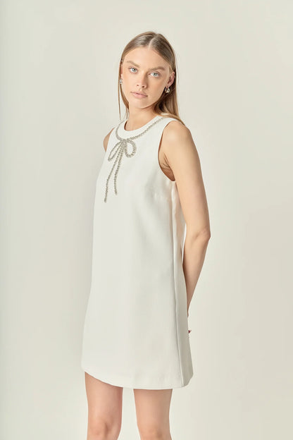Rhinestone Bow Embellished Mini Dress - Off-White