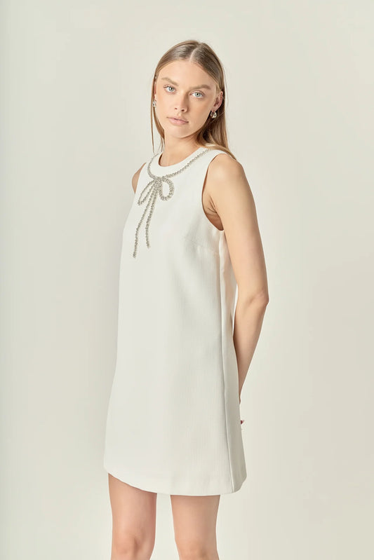 Rhinestone Bow Embellished Mini Dress - Off-White