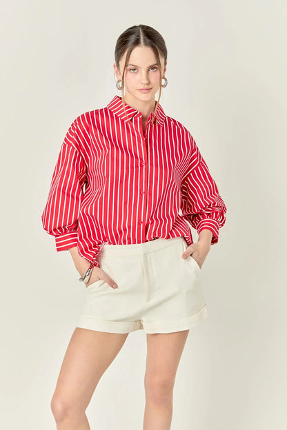 English Factory - Striped Balloon Sleeve Shirt - Red/White