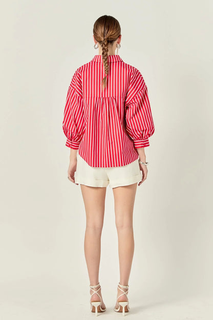 English Factory - Striped Balloon Sleeve Shirt - Red/White