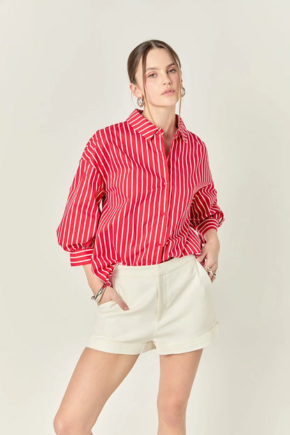 English Factory - Striped Balloon Sleeve Shirt - Red/White