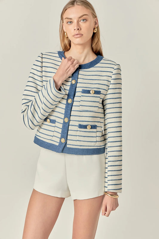 Bouclé Contrast Jacket - White/Blue Stripe