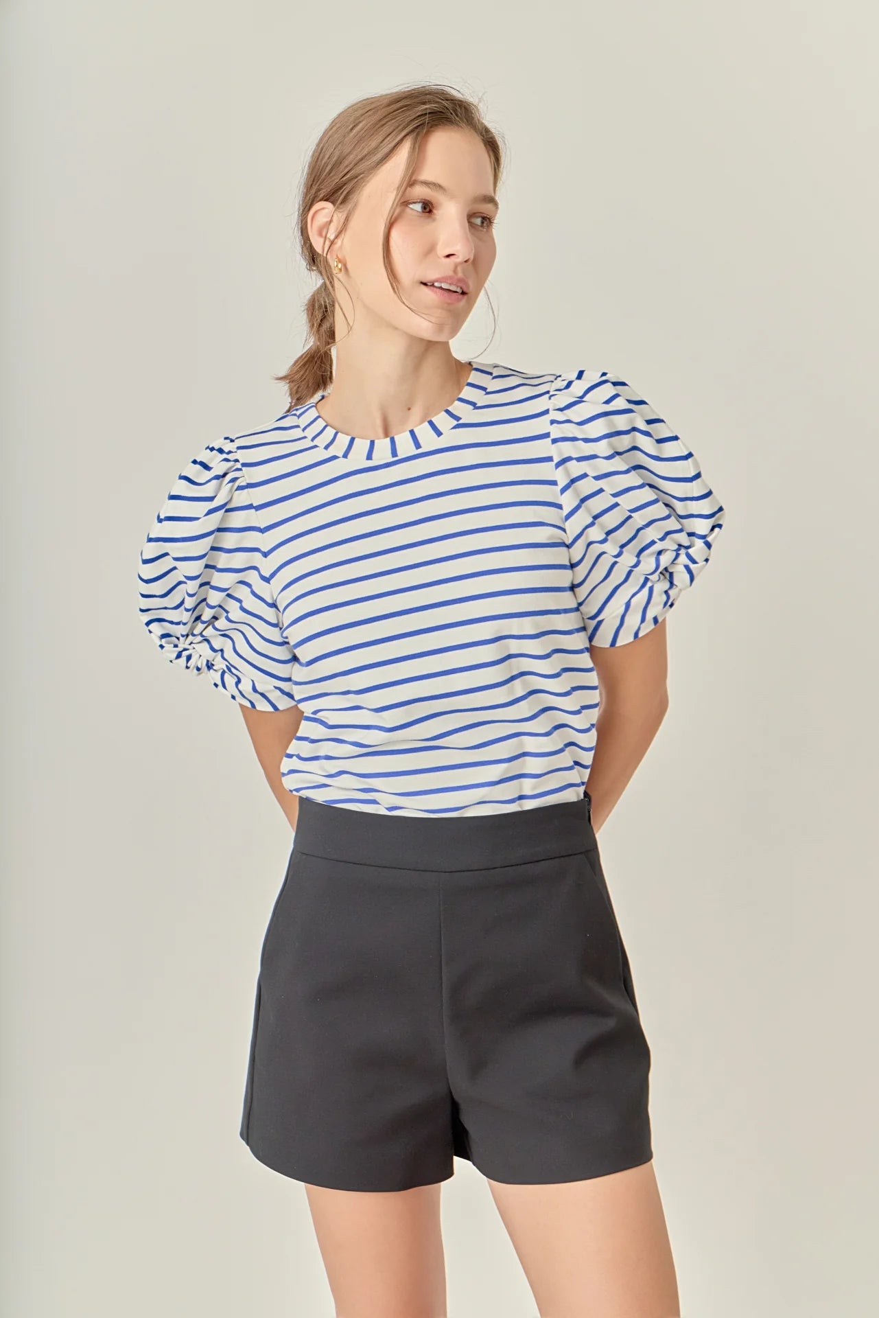 Striped Puff Sleeve Crewneck Top - White/Blue