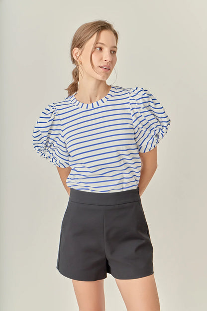 Striped Puff Sleeve Crewneck Top - White/Blue