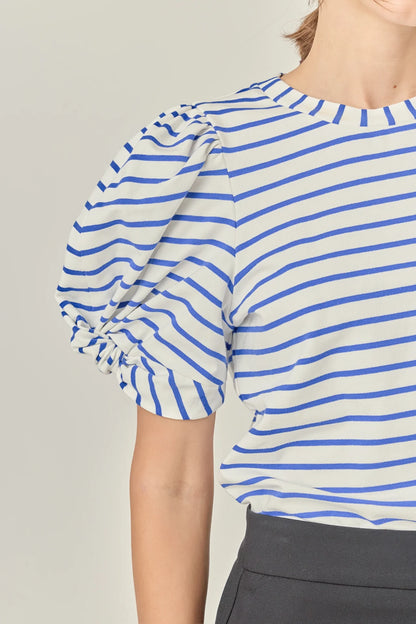 Striped Puff Sleeve Crewneck Top - White/Blue