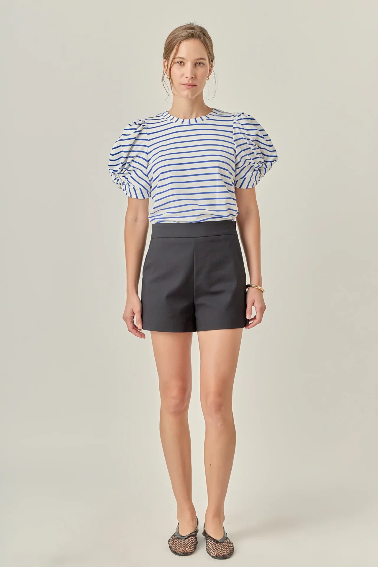 Striped Puff Sleeve Crewneck Top - White/Blue