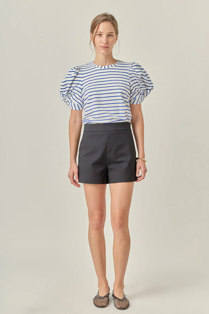Striped Puff Sleeve Crewneck Top - White/Blue