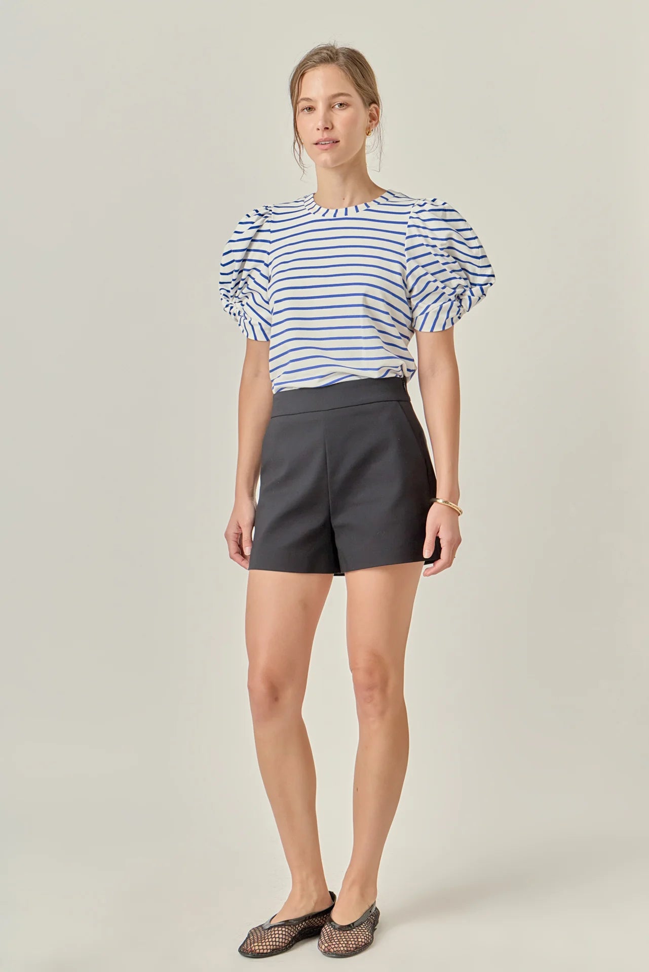 Striped Puff Sleeve Crewneck Top - White/Blue