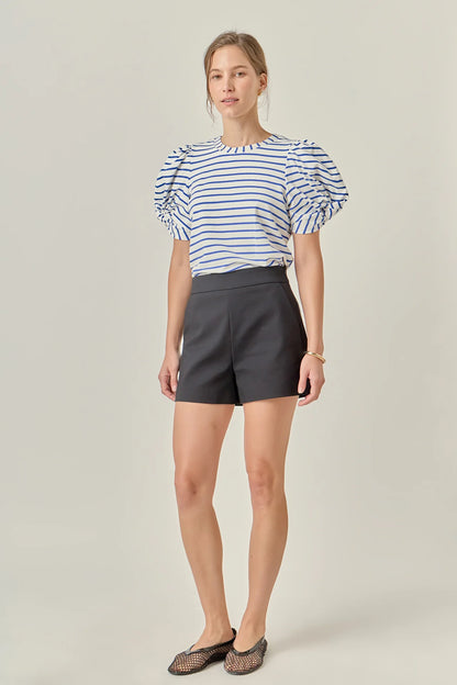 Striped Puff Sleeve Crewneck Top - White/Blue
