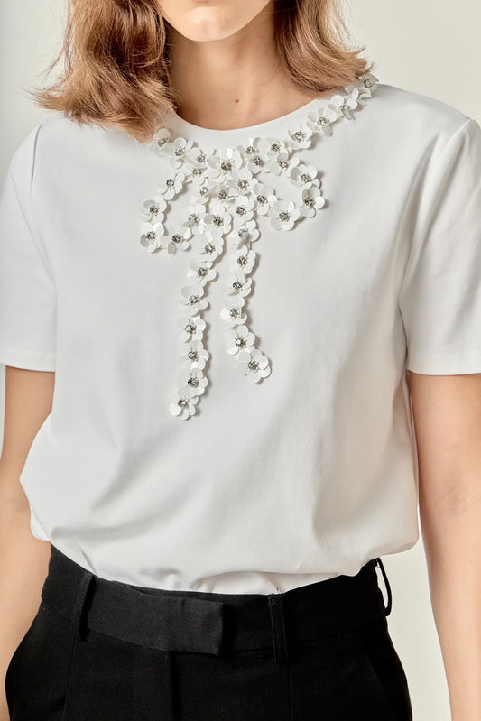 Bow Bead Detail Top - White