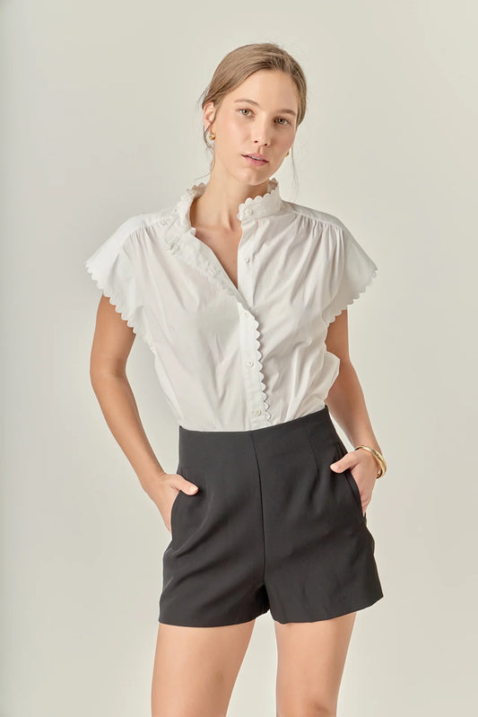 Scallop Trim Ric Rac Short Sleeve Shirt - White