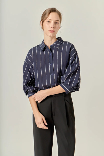 Stripe Balloon Sleeve Shirt - Navy/White