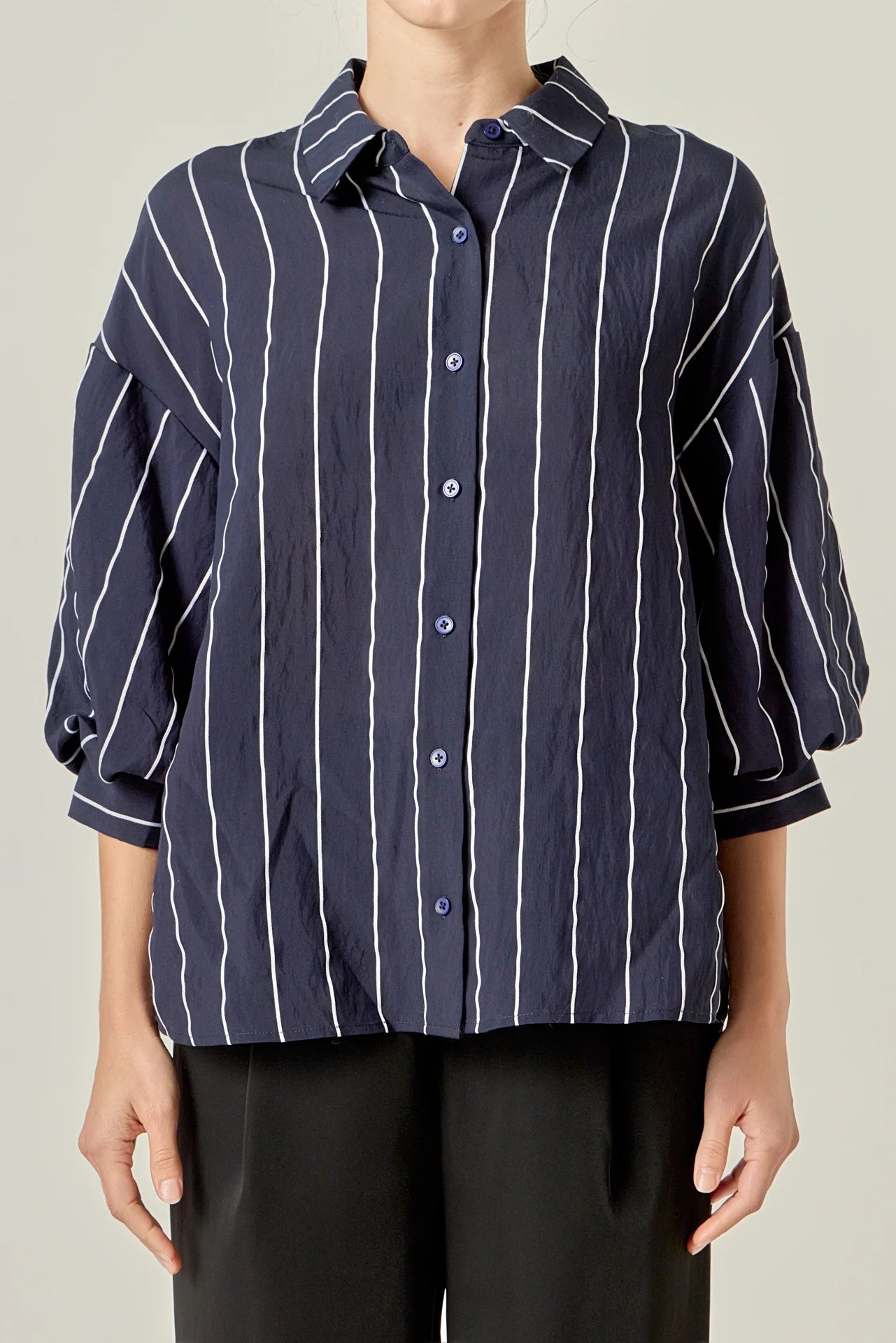 Stripe Balloon Sleeve Shirt - Navy/White
