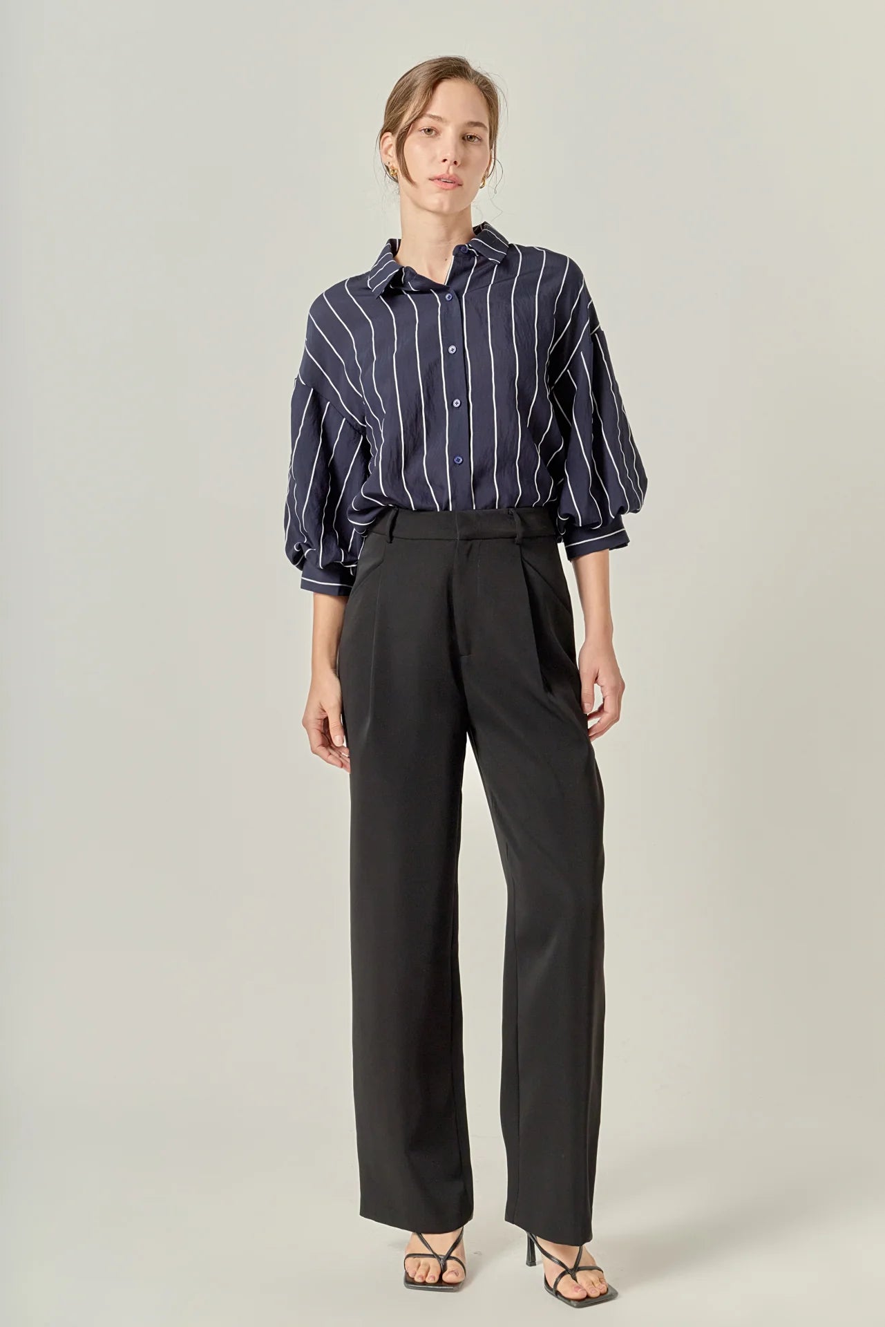 Stripe Balloon Sleeve Shirt - Navy/White